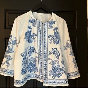 J. Jill Lightweight White and Blue Embroidered Jacket LARGE